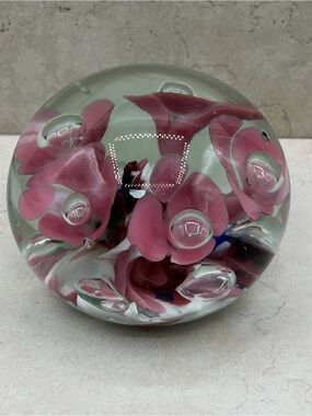 1970's JOE ST CLAIRE  Hand Blown Art Glass Pink Trumpet Flower Paperweight